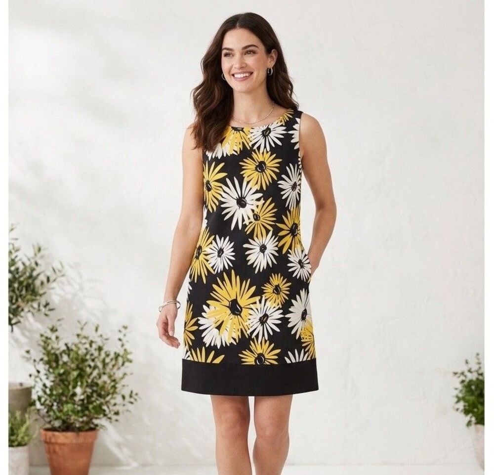 Kim Rogers Sun-Drenched Floral Shift Dress Black Yellow White Size 16 Sleeveless